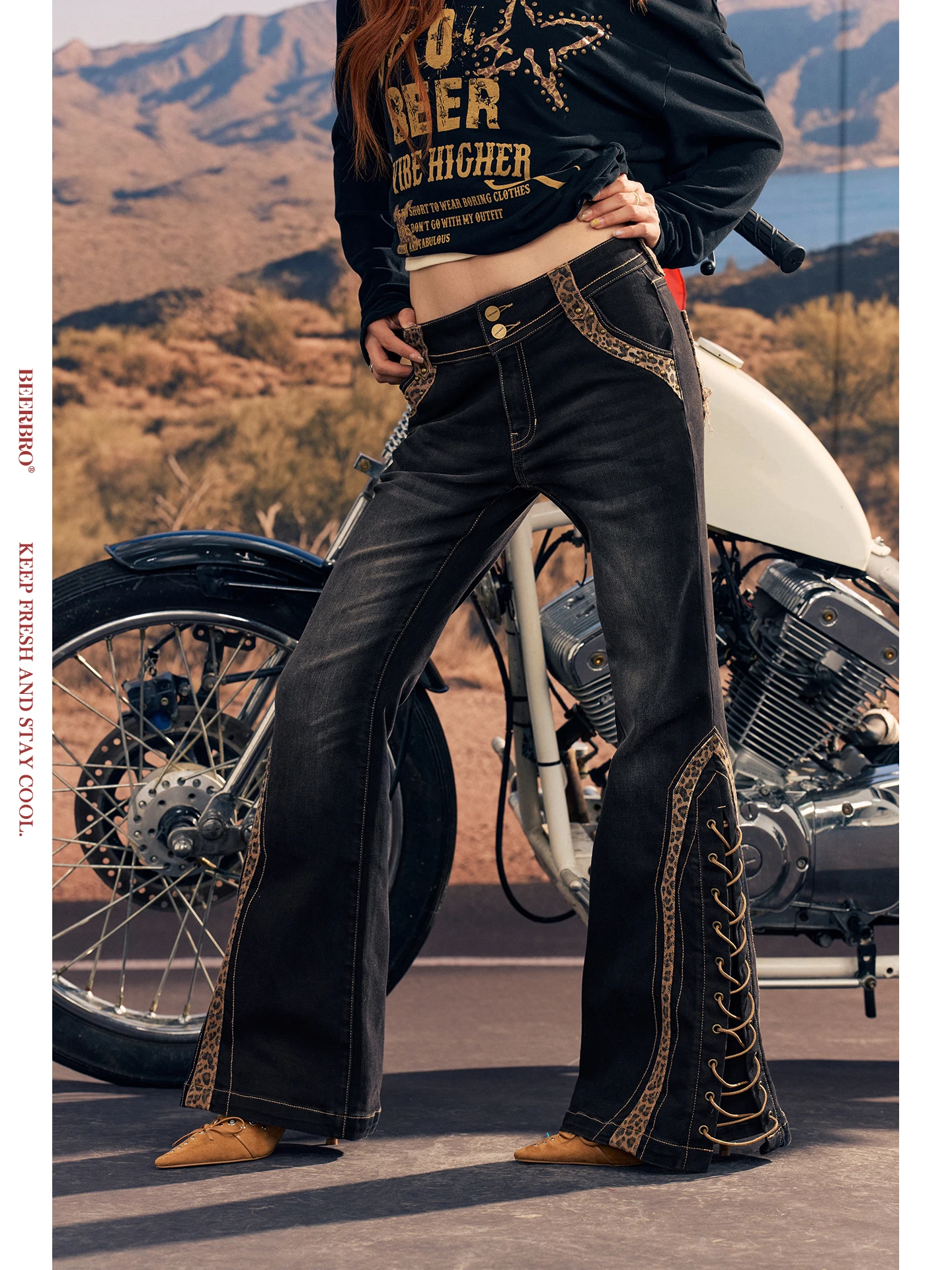 

BeerBro 'Highway Speed' Slim Fit Leopard Print Bell Bot Jeans Low Waist Patchwork Cotton Blend Waed Bla Women's Jeans