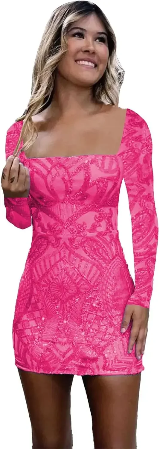 Платья для выпускного вечера Женские кружевные платья с длинными рукавами и блестками для встречи выпускников Короткое облегающее блестящее коктейльное платье для выпускного с квадратным вырезом