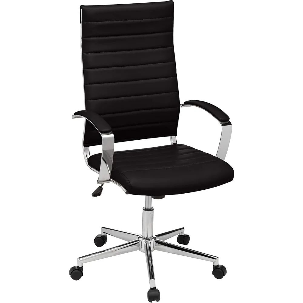 

High-Back Swivel Desk Chair, Ergonomic Ribbed Faux Leather Upholstery, Lumbar Support, Home Modern Style, Black, 4
