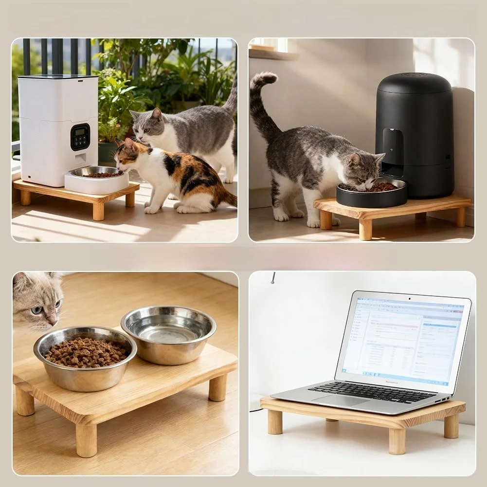 Natural Wood Cat Feeder Stand Raised Design for Automatic Feeders Construction Supports Consistent Feeding Posture