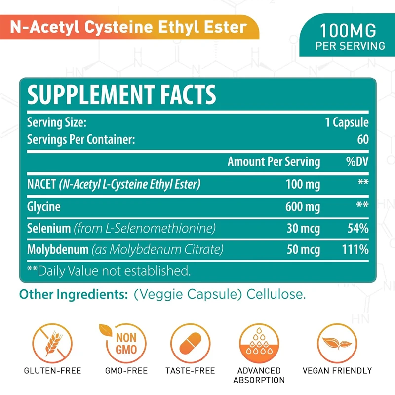 N-acetylcysteine ethyl ester - absorption rate exceeding 1000mg NAC - containing 600mg glycine -suitable for adult immune system