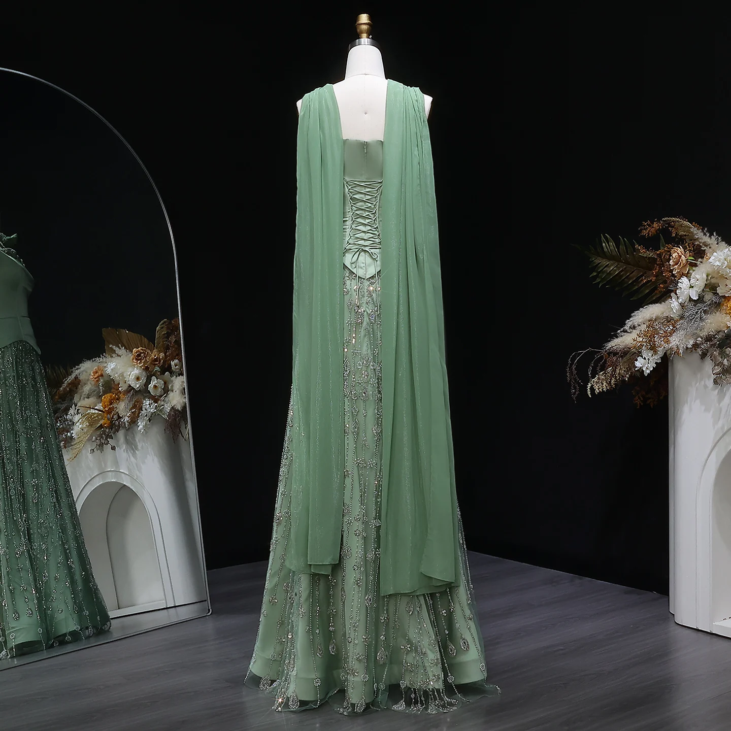 Sharon Said Arabisches Champagner-Perlen-Perlenbesetztes A-Linien-Abendkleid Schulterfrei mit Schal Damen Hochzeitsfeierkleid SS627 Maßanfertigung – Detail 12
