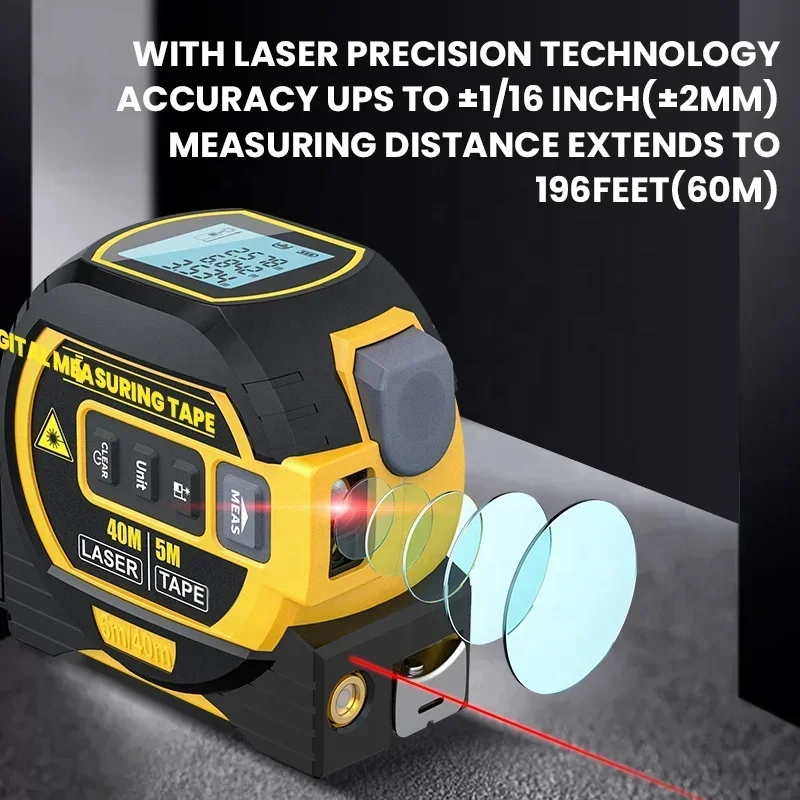 Lase r Tape Measure 130FT  Tool 16FT Measuring Tape Area Volume Ft/Ft+in/in/M Unit Digital Distance Meter