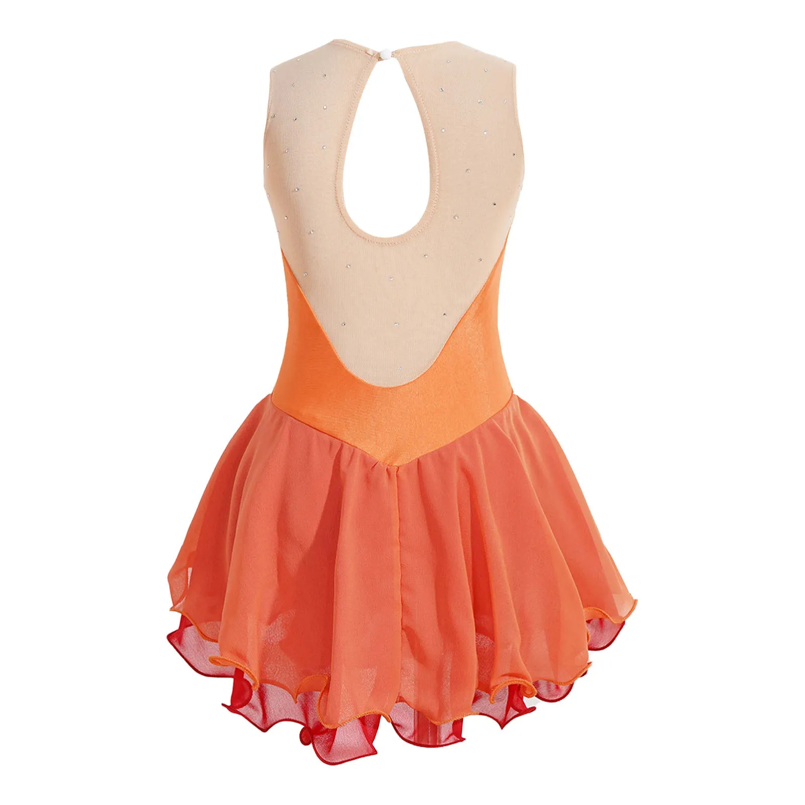 Sleeveless Figure Skating Dress for Kids Girls Rhinestone Sheer Mesh Tutu Leotard Dress Gymnastics Dance Performance Costume