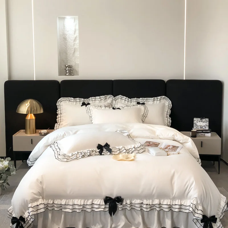 

Black Ruffles Bow Bedding Sets Polyester/Cotton White Princess Duvet Cover Bedlinen Sheet Pillowcases Solid Mattress Covers