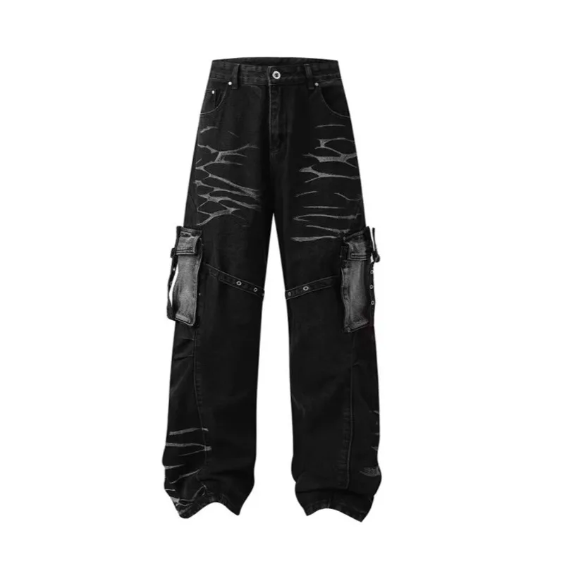 HKSH Men American Style Corrugated Multi-Pockets Jeans Women Niche Design Heavy Craft Straight Safari Style Denim Pants HK19252