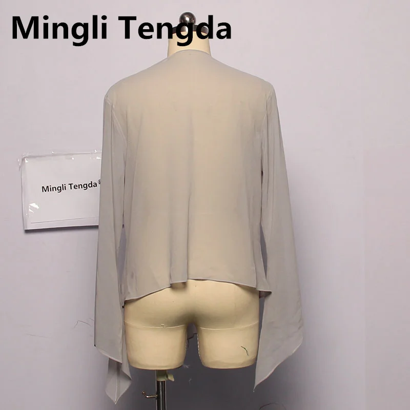 Mingli Tengda الفضة الشيفون طويل الأكمام شال العروس مخصص بوليرو اكسسوارات الزفاف Jaket المرأة معطف الرأس المرأة الرؤوس