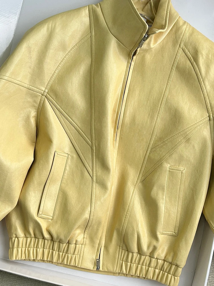 Lautaro Frühling Herbst Gelbe PU-Lederjacke für Damen mit Reißverschluss, Langarm, Looe Casual Luxus Designer Amerikanische Retro-Kleidung 2026 – Detail 3