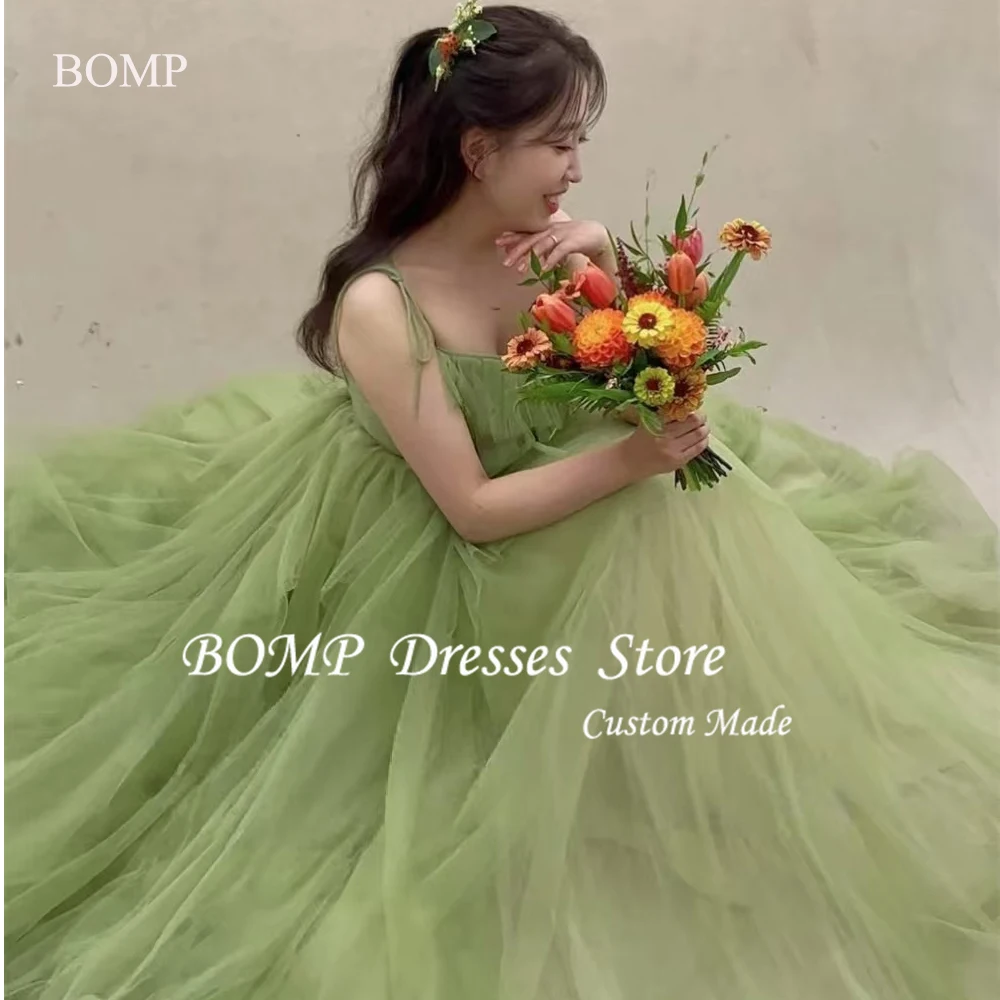 

BOMP Sage Green Bright Evening Dresses Korea Photo shoot Spaghetti Straps Beach Garden Bride Gowns Wedding Gowns Corset Back