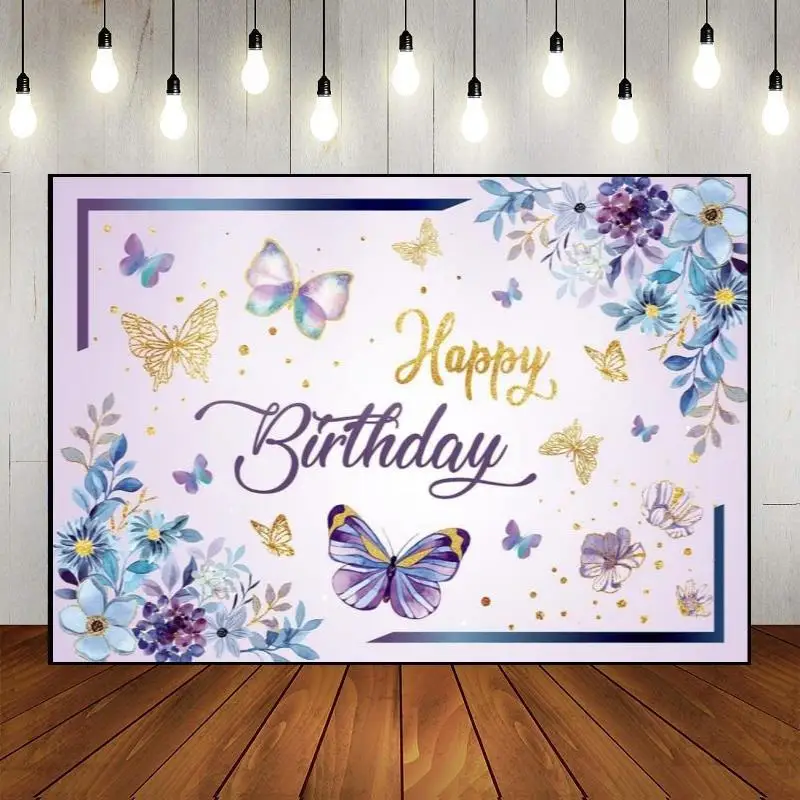 

Baby Shower Party Wall Backdrop Butterfly Happy Birthday Photography Purple and Pink Flowers Custom Banner Floral Gold Spots