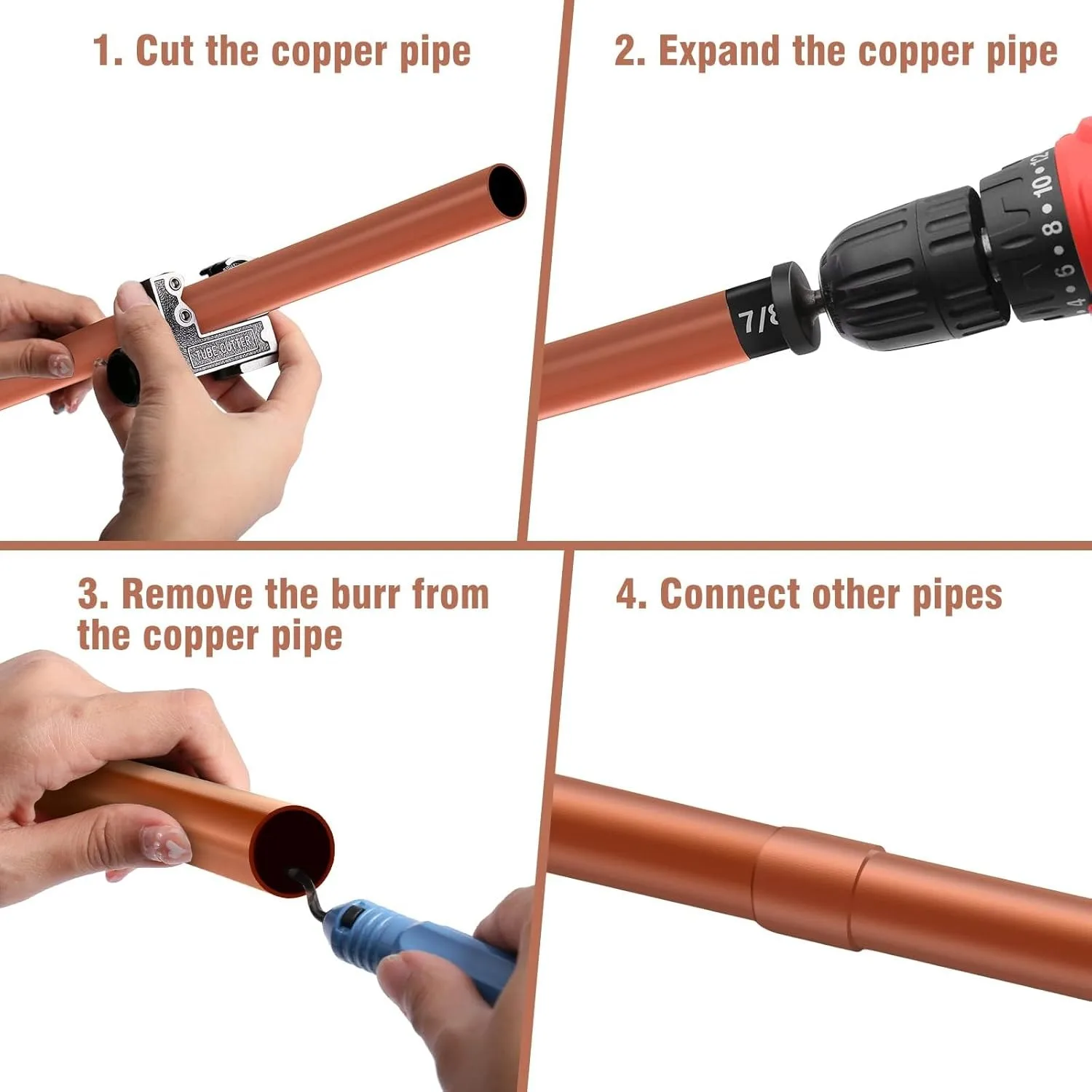 Kupferrohr-Schneide- und Erweiterungsbohrer-Set, HVAC-Entgratungswerkzeug-Kit für Kupfer-Klimaanlagen-Reparatur, Erweiterungswerkzeug – Detail 7