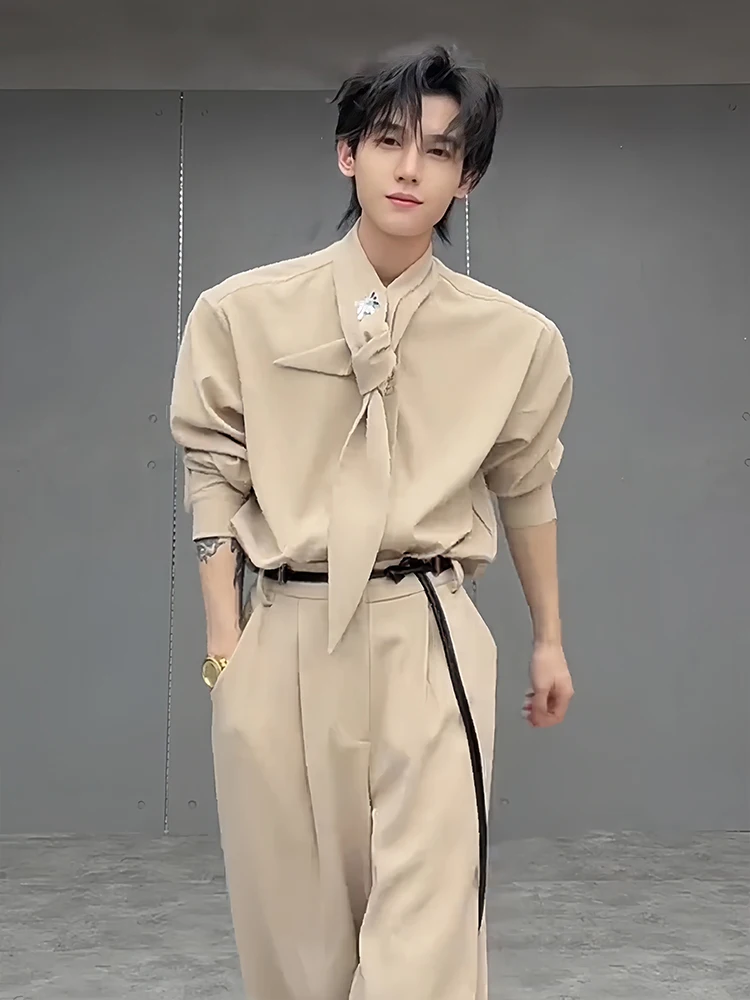 طقم رجالي أنيق من قطعتين مع تصميم حزام وحشوات للكتف قميص وبنطلون مجموعة خريفية عصرية من ليو بو #2