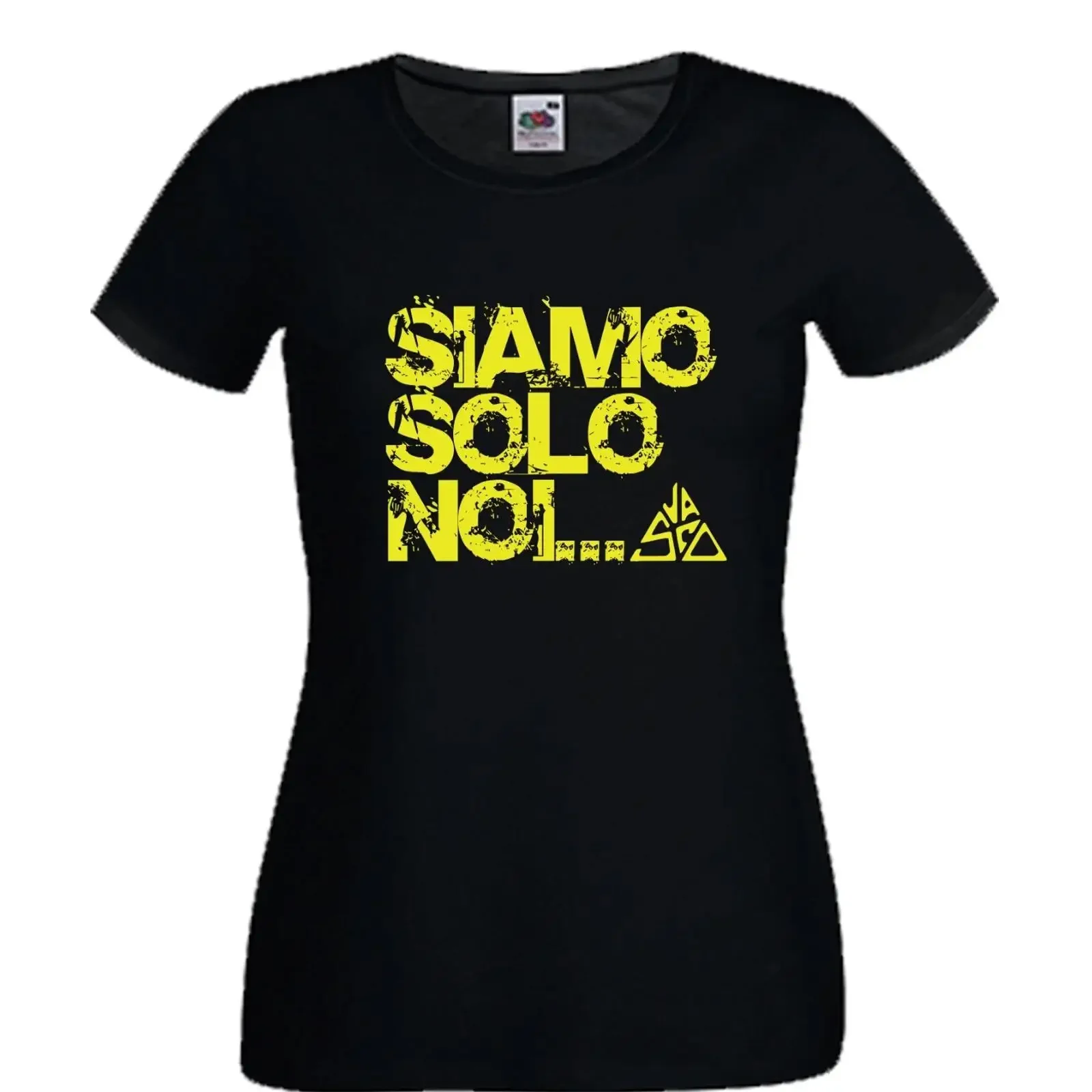 Camiseta Vasco para mujer, negra, estilo vintage, con efecto lavado, informal, elástica y cómoda, con la frase 'Wir sind nur Rock Musik 90 80 Live'.