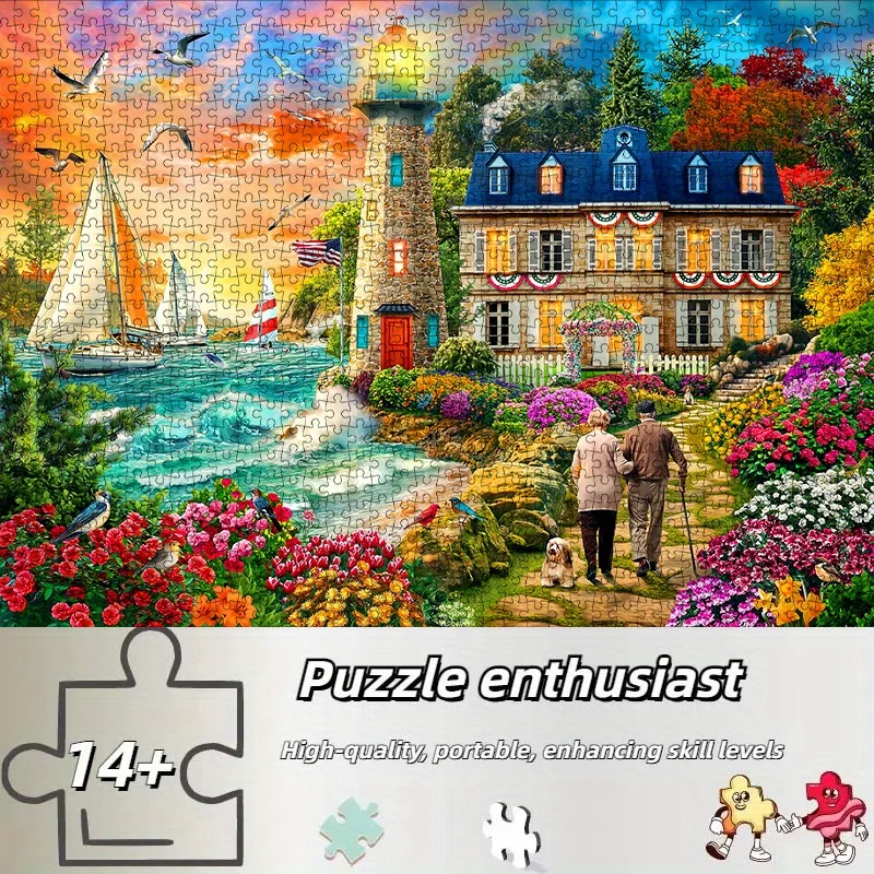 Puzzle de coucher de soleil avec phare côtier et villa, jeu intellectuel romantique pour adultes, jouet décoratif de loisirs à la maison