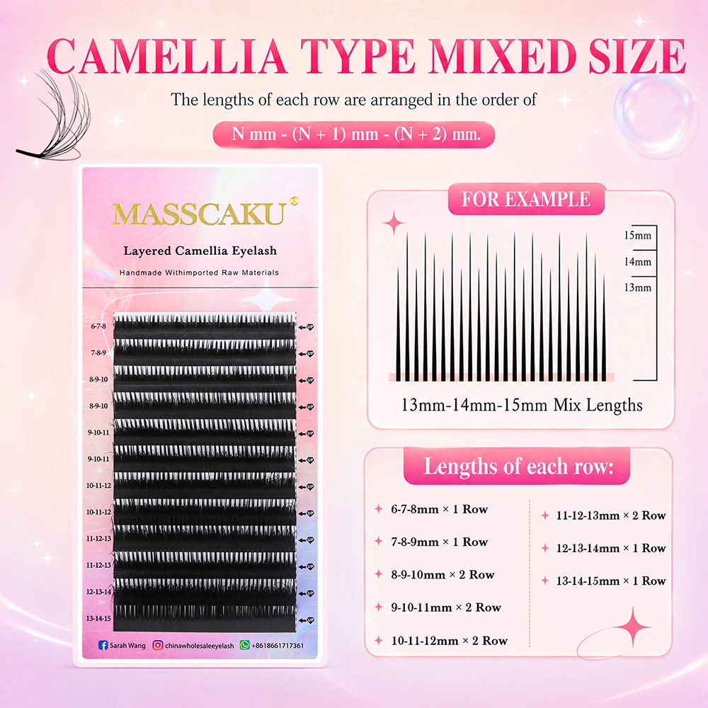 MASSCAKU LB LC LD Curl Layered Camellia Wimpern Vorgefertigte Volumenfächer Wispy Fluffy Wimpernverlängerungen 0,07mm Gemischt 8-15mm – Detail 2
