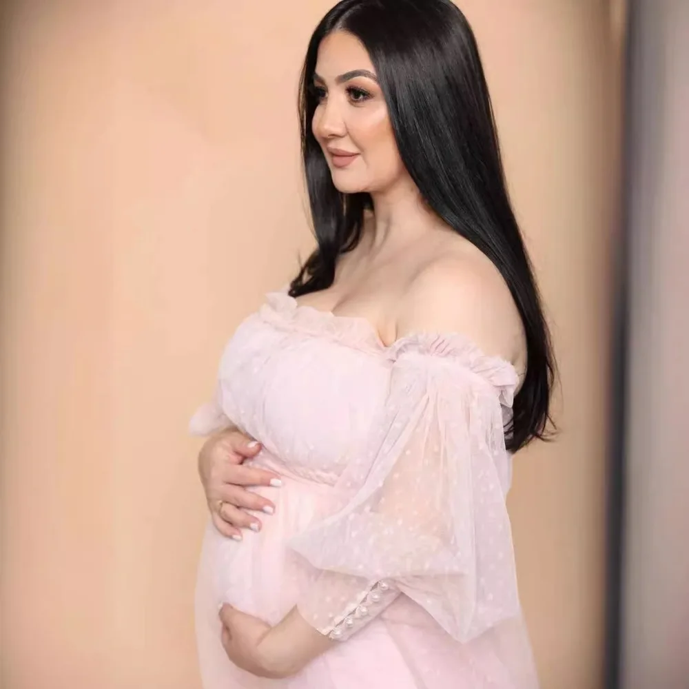 バブルスリーブマタニティドレスポルカドットメッシュオフショルダーロングマキシドレス女性用