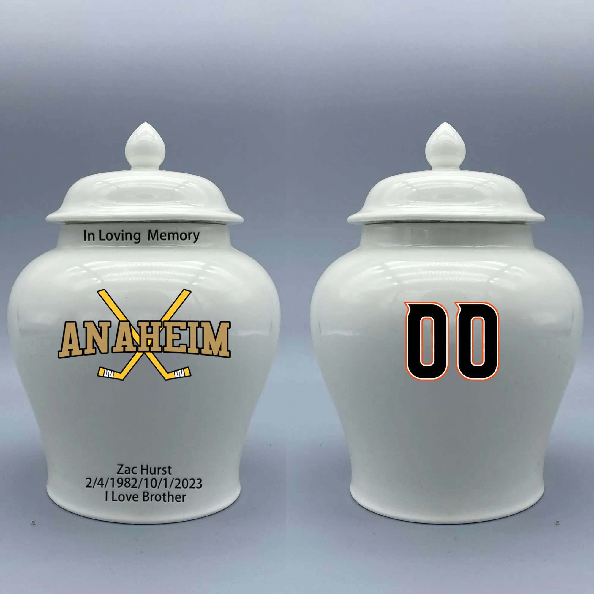 Medium Urn for Anaheim Ducks-themed Hockey Urn.Please send me the customize information-name/date and number on the urn