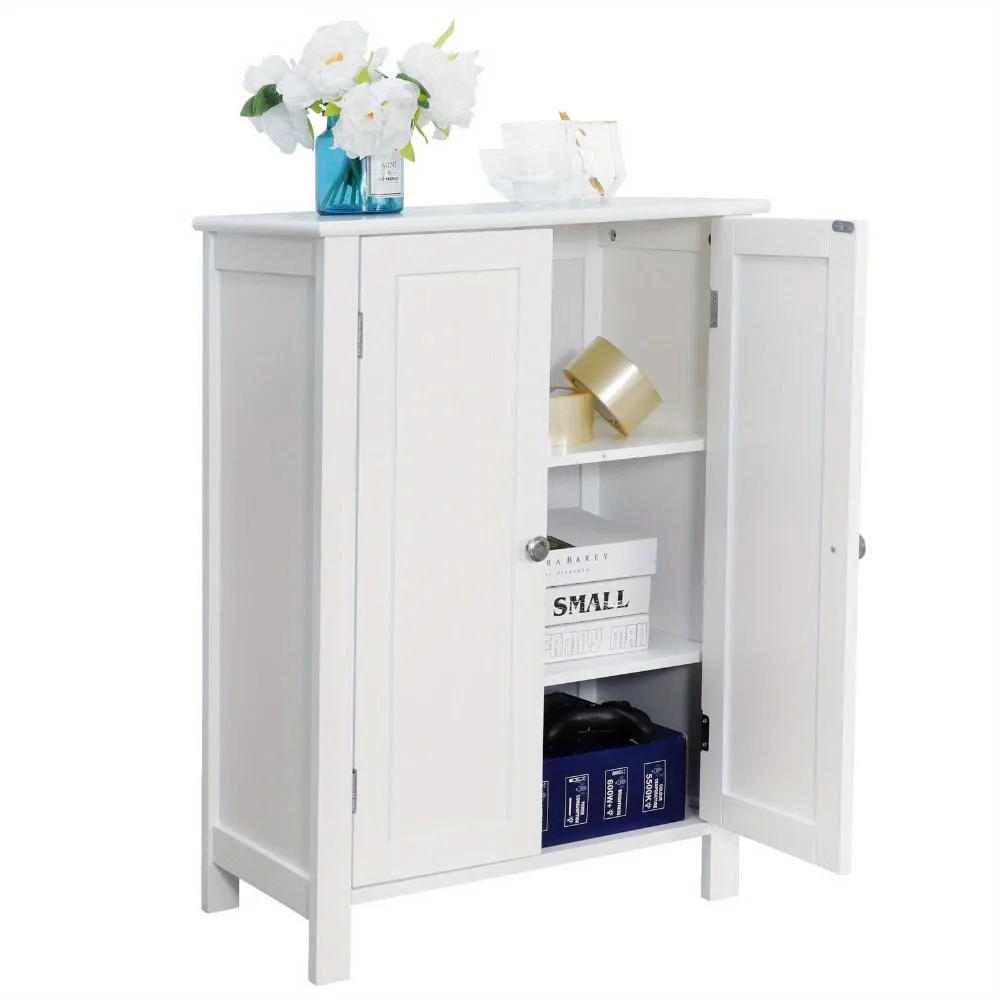 

White Bathroom Floor Cabinet Storage Cupboard 3 Shelves Free Standing