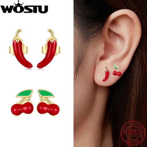 WOSTU 925 Sterling Silver 18K Gold Red Chili Pepper Earrings Cute Cherry Ear Studs For Women Happy Emoji Holiday Jewelry Gift