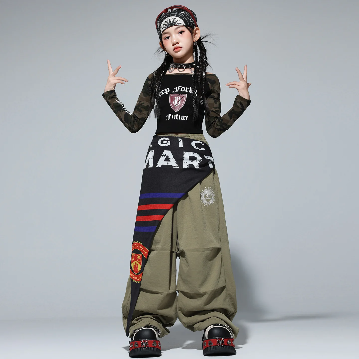 طفل الهيب هوب الملابس السوداء المحاصيل طويلة الأكمام قمم الجيش الأخضر المظلة السراويل للفتيات مجموعة الشارع ملابس رقص الملابس
