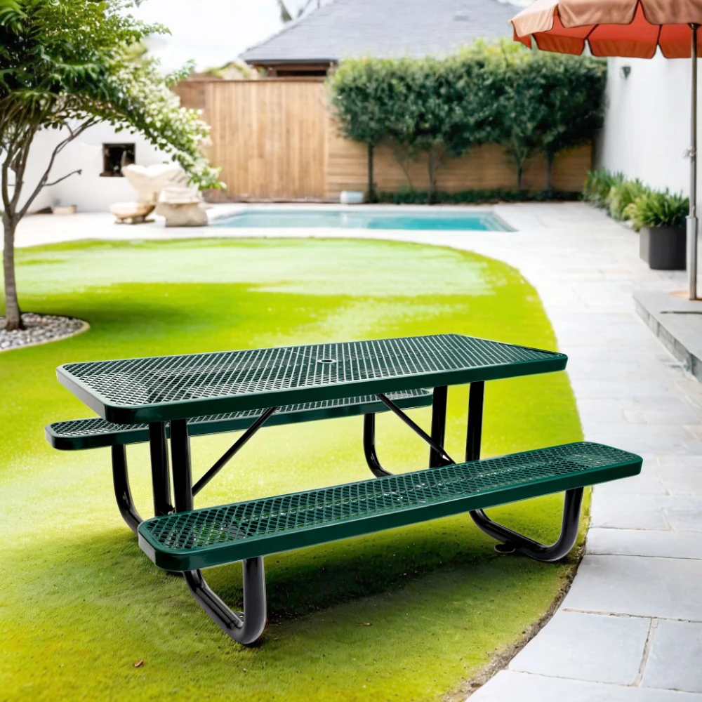 

Rectangular Outdoor Steel Picnic Table with umbrella pole in Green Durable Construction Spacious Design Versatile Furniture