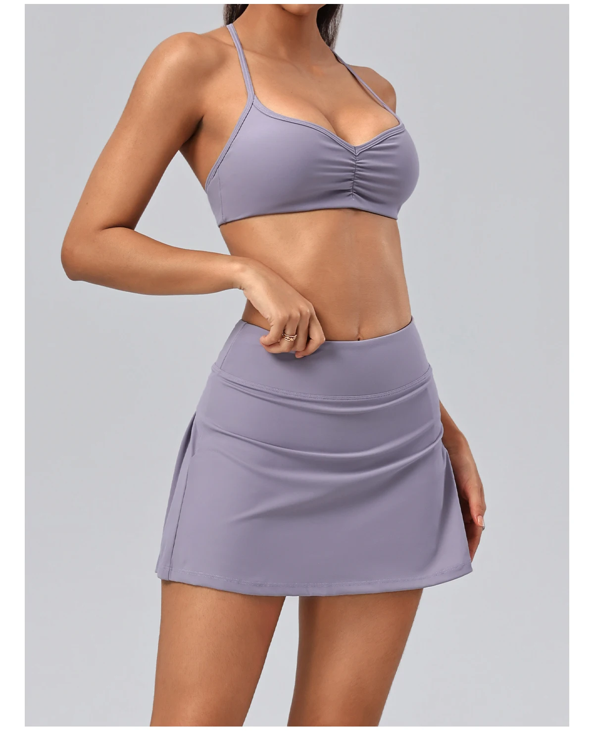 Hearuisavy Damen 2-teiliges Fitness-Set: Hochtaillierte Yoga-Caprihose mit weitem Bein, Push-Up-Sport-BH, schnelltrocknender Tennisrock für das Fitnessstudio. – Detail 27