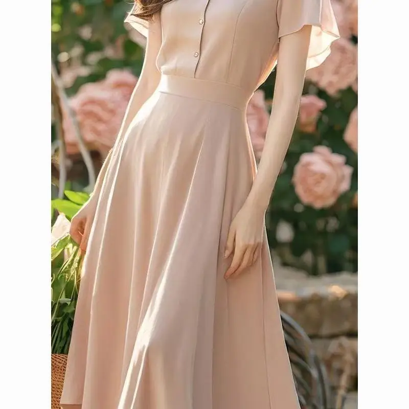 

New Women's Summer Office Lady Casual Elegant Solid Color Dress V-Neck Short Sleeve Niche Simple Temperament Slim Fit Long Skirt