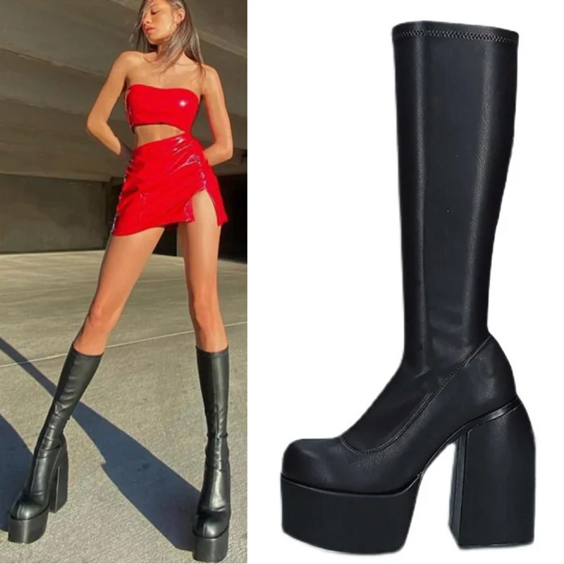 Square Toe Chunky Heel Ankle Boots Platform High Heel And Ankle Boots Stovepipe Stretch Knee Boots