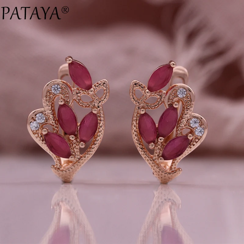 PATAYA New 585 Rose Gold Color Earrings Horse Eye Petal Natural Zircon Dangle Earrings Women Creative Vintage Fashion Jewelry