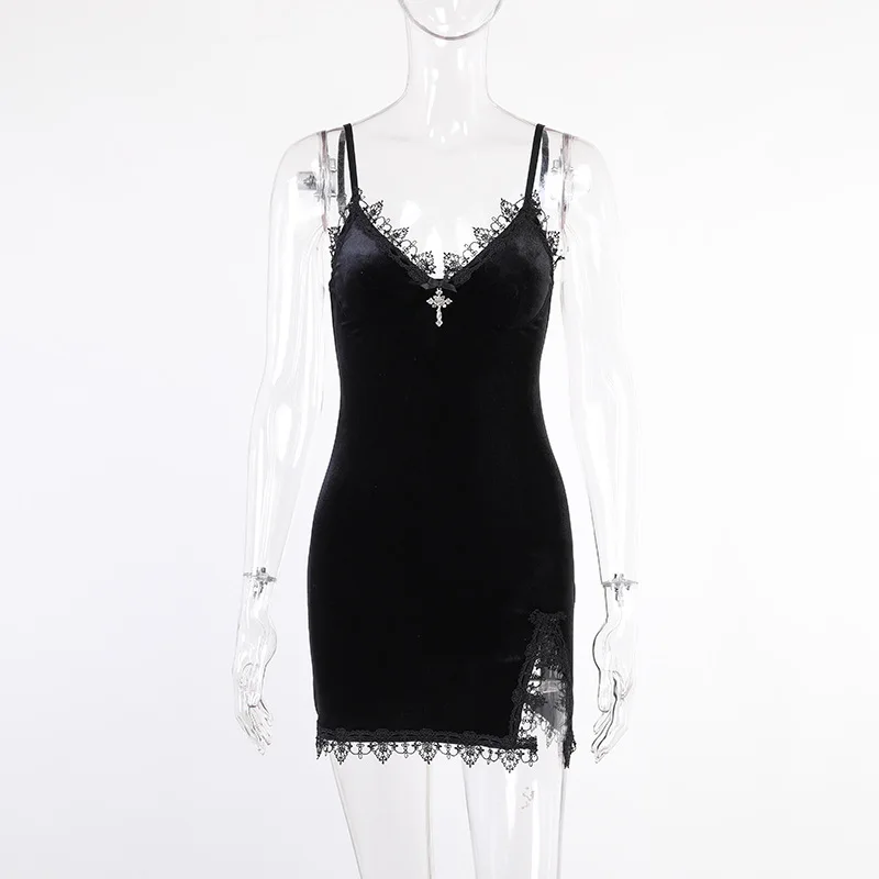 Mini vestido negro cruzado oscuro Sexy Vintage para mujer, correa de fideos italianos, cintura alta, ajuste Delgado, vestido gótico para fiesta y Club