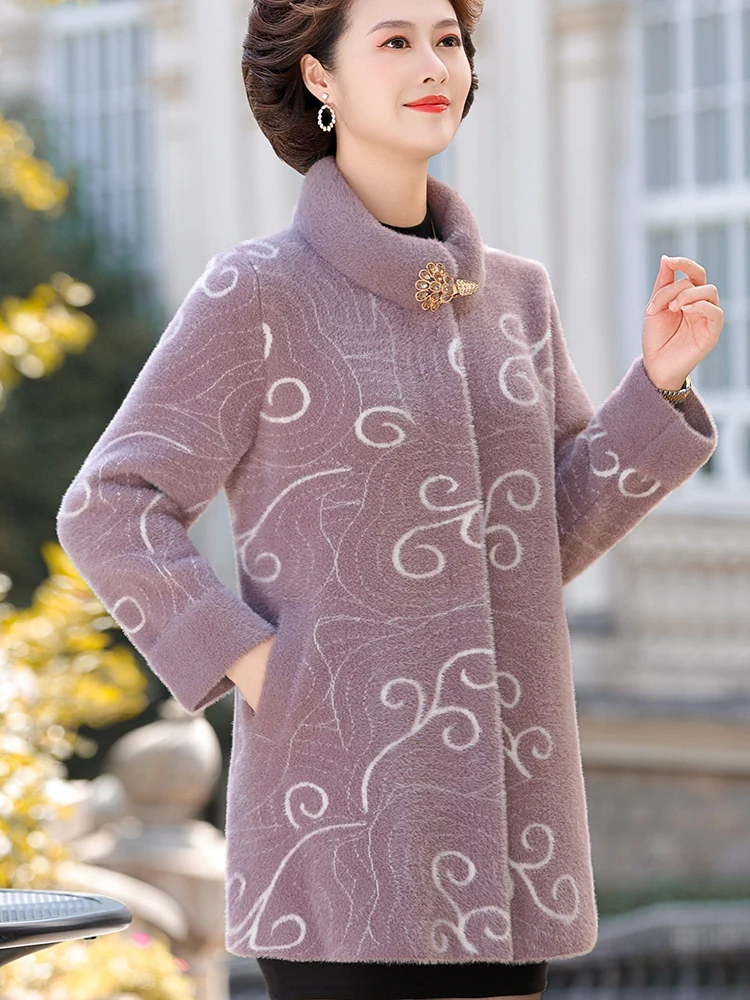 Casaco de Visom Faionável Outono Inverno 2025 para Mães de Meia-Idade e Idosas com Gola Alta e Fechamento de Botão Único Es...