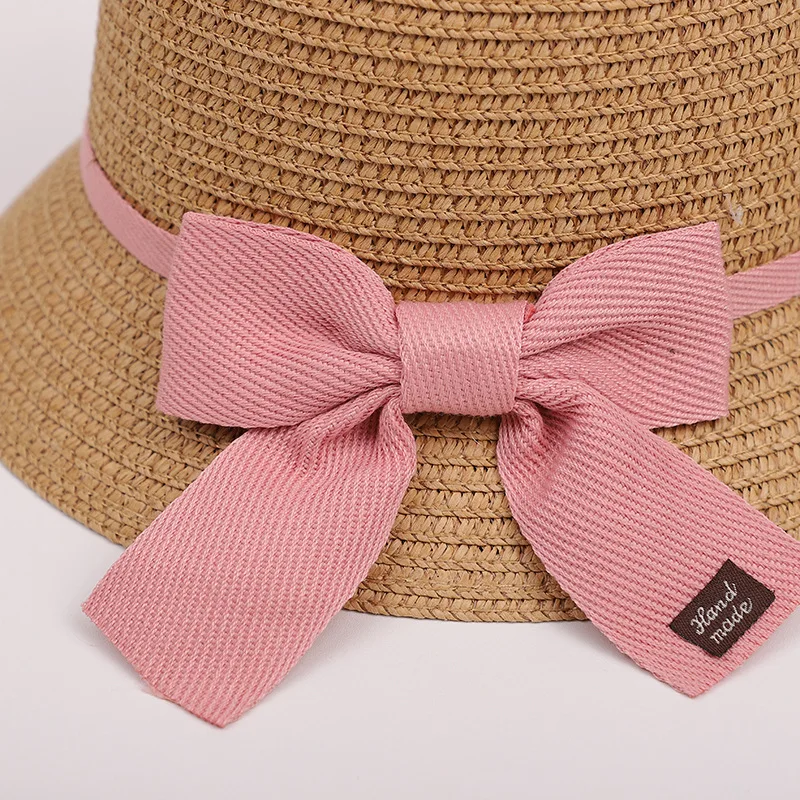 Women Girls Hat Summer Sun Protection Bucket Hat Straw Floppy Bow Tie For Girl Baby Mom Parent-Child Cap Crossbody Bag Wholesale