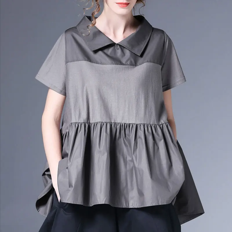 Women\'s Clothing Casual Solid Color Patchwork Shirt Fashion Peter Pan Collar Summer Loose Short Sleeve Commute All-match Blouse