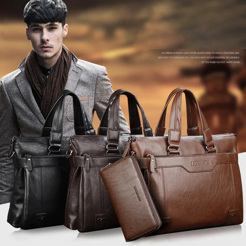 Large Briefcase Bag for Man PU Leather Handbags Laptop 14 Shoulder Ita Business Office Messenger Portfolio Crossbody Bag Male