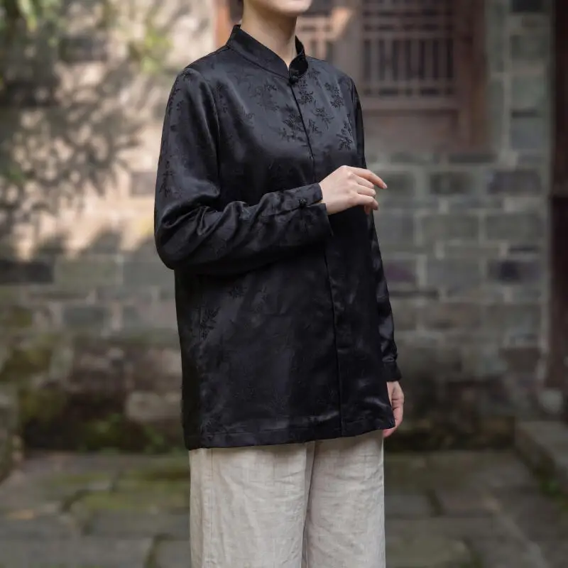 Autumn New Chinese Style Shirt Men Vintage Jacquard Stand Collar Shirts Men Traditional Frog Button Hanfu Casual Outerwear