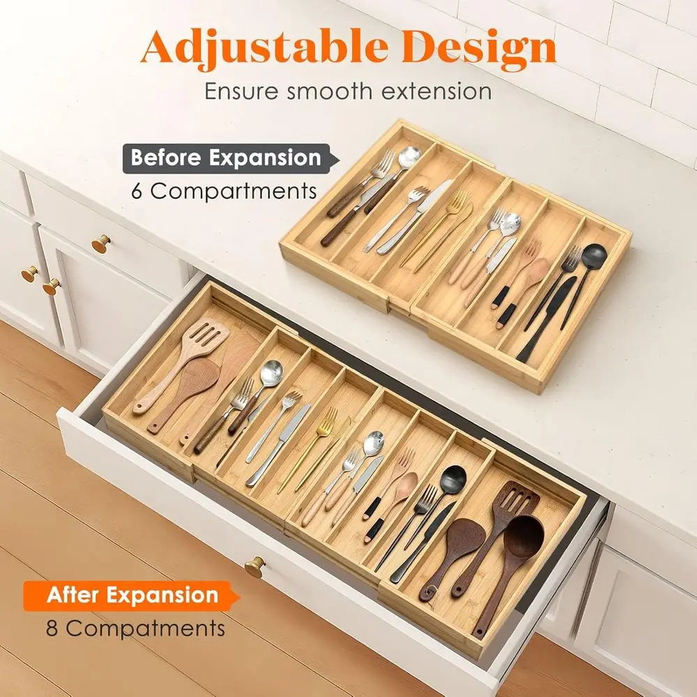 Расширяемый бамбуковый органайзер для кухонного ящика для посуды, ширина 21,4-36 дюймов, регулируемый поднос для столового серебра для хранения столовых приборов