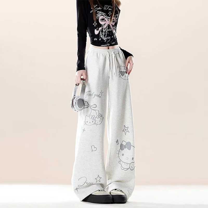 산리오 헬로 키티 그레이 운동 플레어 스웨트팬츠 가을 겨울 루즈 캐주얼 바지 패셔너블 와이드 레그 바지