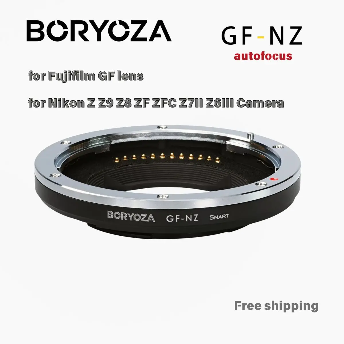 

Boryoza GF-NZ Auto Focus Lens Adapter for Fujifilm GFX Mount Lens GF110 GF32-64 GF55 to Nikon Z Mount Camera Z8/Z9/ZF/Z6III/Z5II