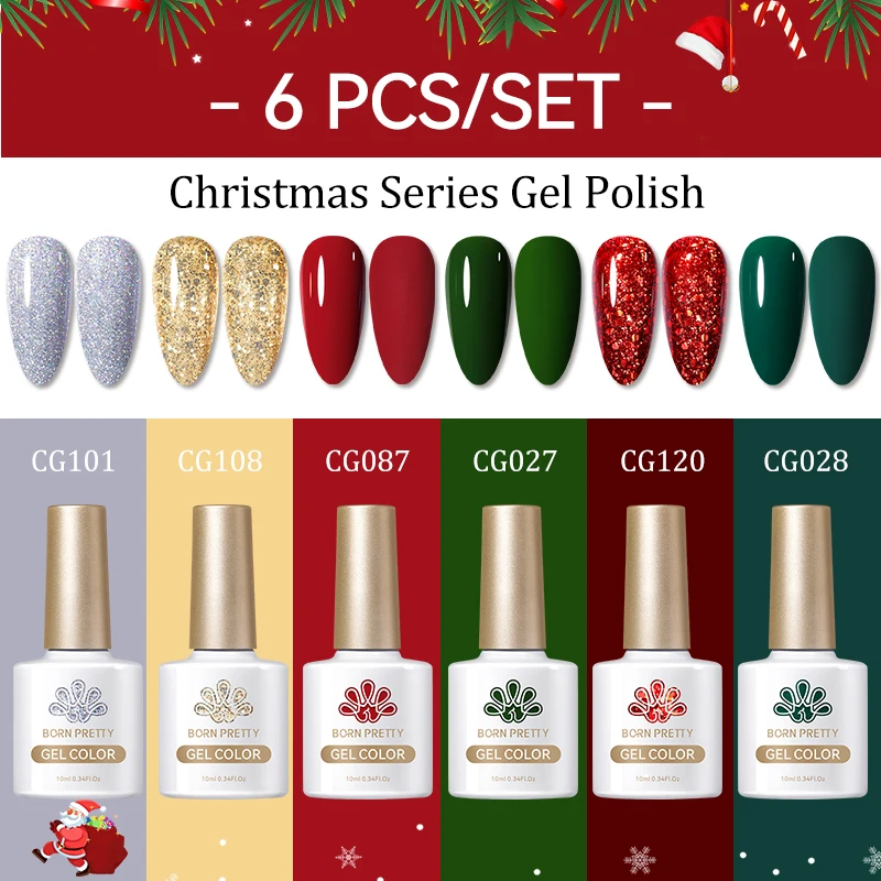 

BORN PRETTY 6pcs Christmas Glitter Gel Nail Polish Set Long Lasting Soak Off UV LED Varnish Set Kits Merry Christmas
