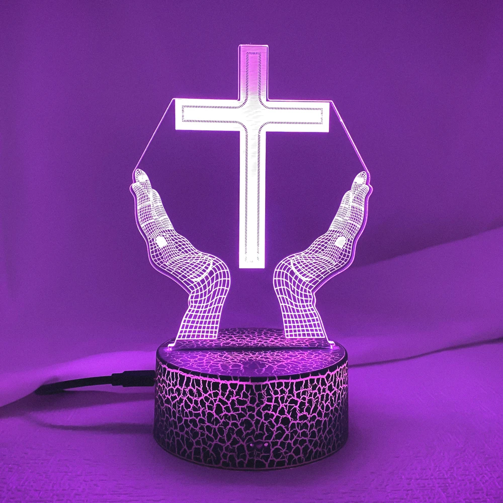 Jesus Cross 3D LED Night Light for Friends Xmas Easter Room Decor Gifts Crucifix Optical Illusion Desk Table Lamp Nightlight