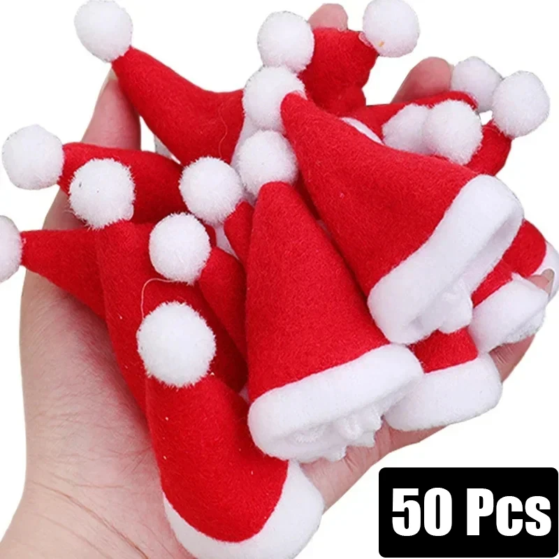 50PCS Christmas Hat For Fork Knife Tableware Decorations Plush Mini Santa Hat Family Party New Year Gifts Xmas Hat Small Red Cap