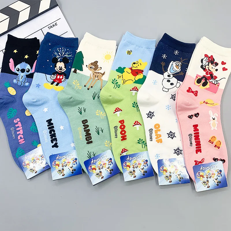 6pcs/set Bambi Stocking Children's Mid Tube Cotton Socks Disney Cute Cartoon Winnie the Poodle Stitch Mickey Minnie Long Socks