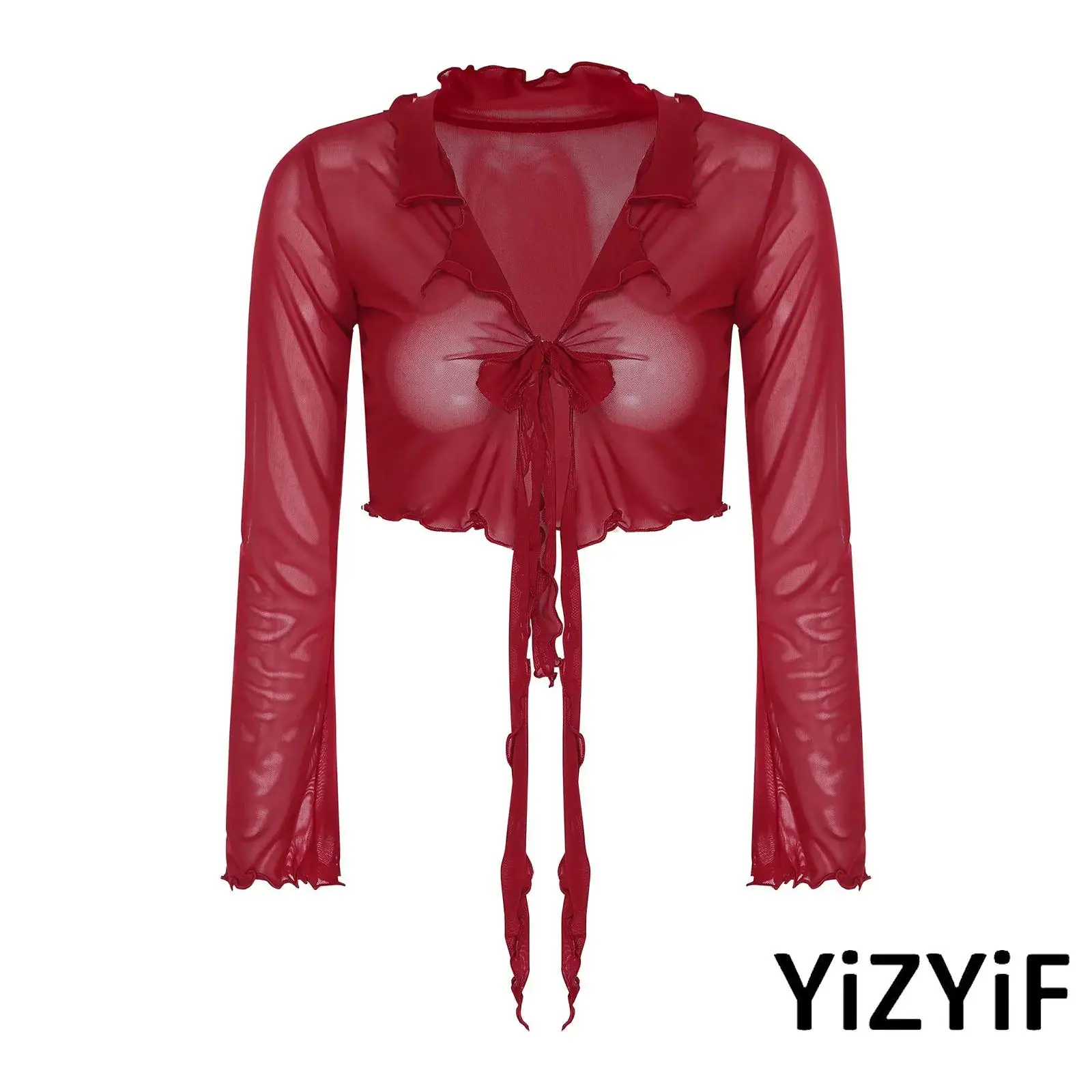 

Womens Lyrical Latin Tango Dance Costume Mesh Cardigan Long Sleeve Camisole Cover-up Chacha Salsa Rumba Jazz Dance Crop Top