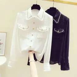 Women Spring Autumn Fashion Temperament Lace Patchwork Polo Collar Polo Collar Shirts Ladies All-match Trend Solid Color Tops