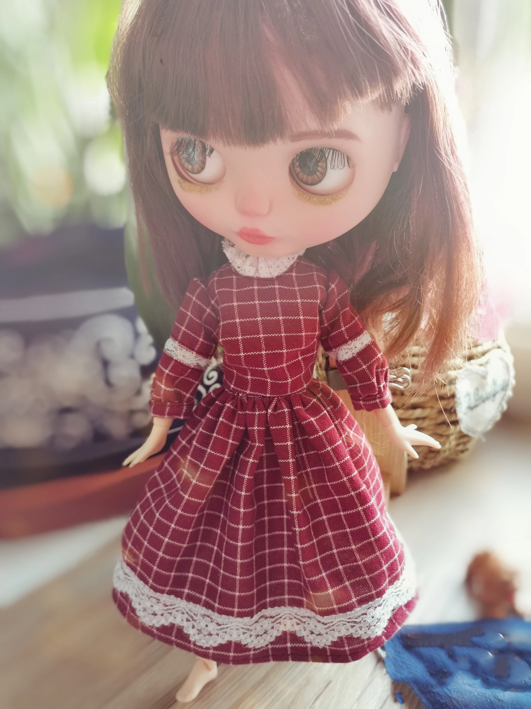 Blythe-ropa bordada a mano, vestido a cuadros rojos, falda de chaleco jacquard azul, 1/6, 30cm, BJD, anime girl (Fit Pullip,Ob24, Licca)