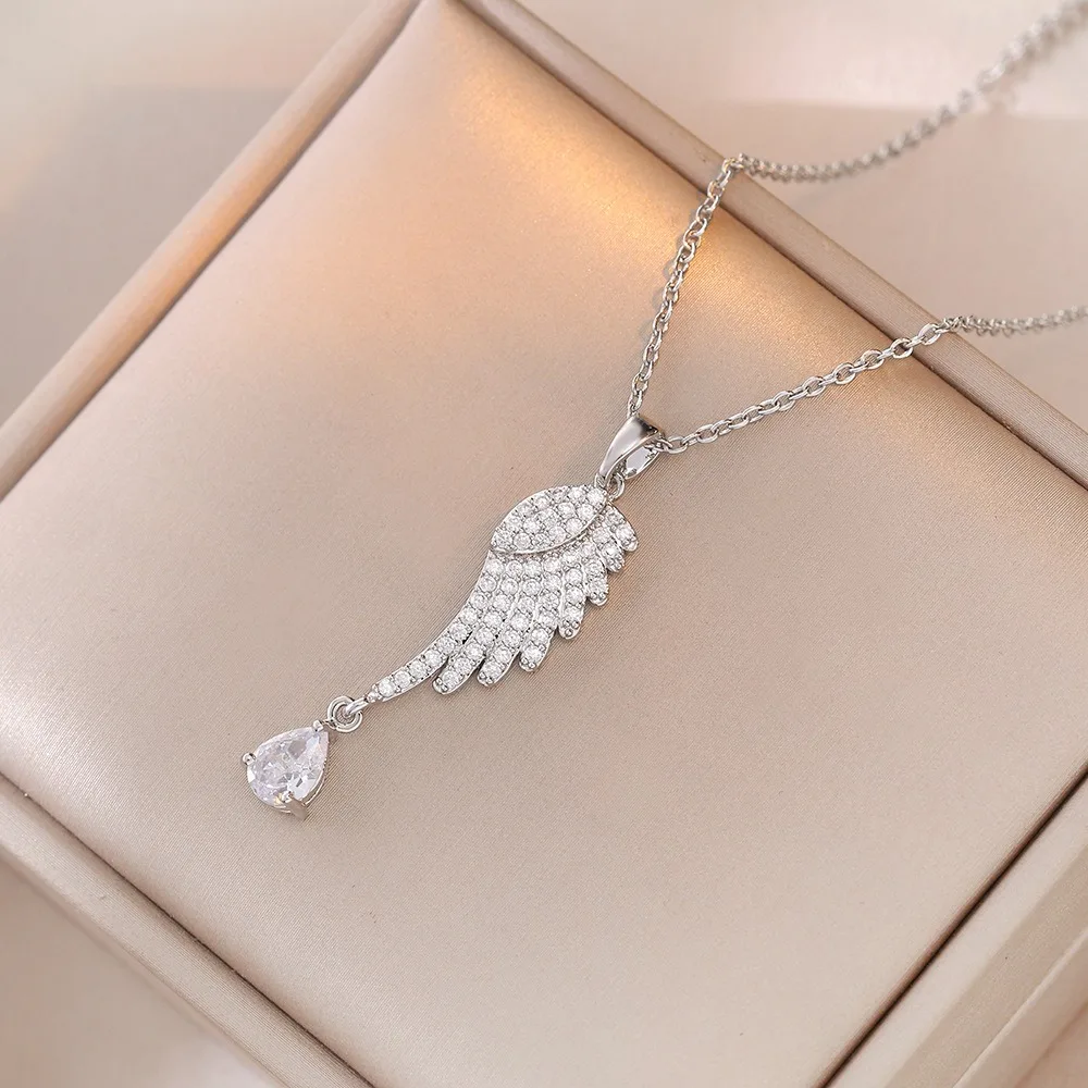 Korean Luxury Stainless Steel Teardrop-shaped Zircon Tassels Sparkly Angel Wings Pendant Necklace Exquisite Non-fading Jewelry