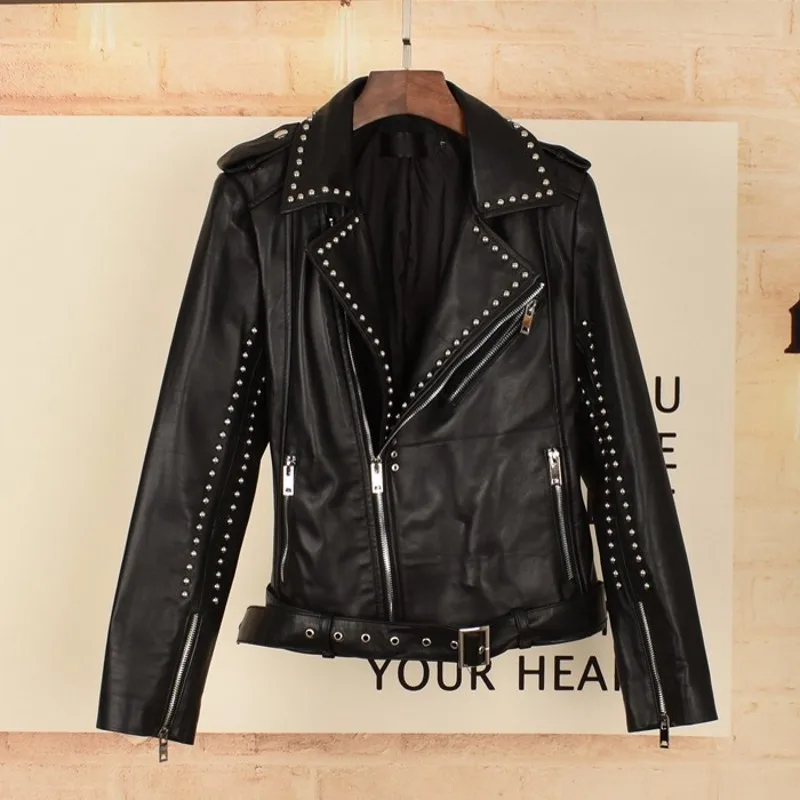 

2023Women Rivets Biker Genuine Leather Jackets Punk Style Slim Short Casual Jacket Female Streetwear Zipper Sheepskin Coat M-3XL