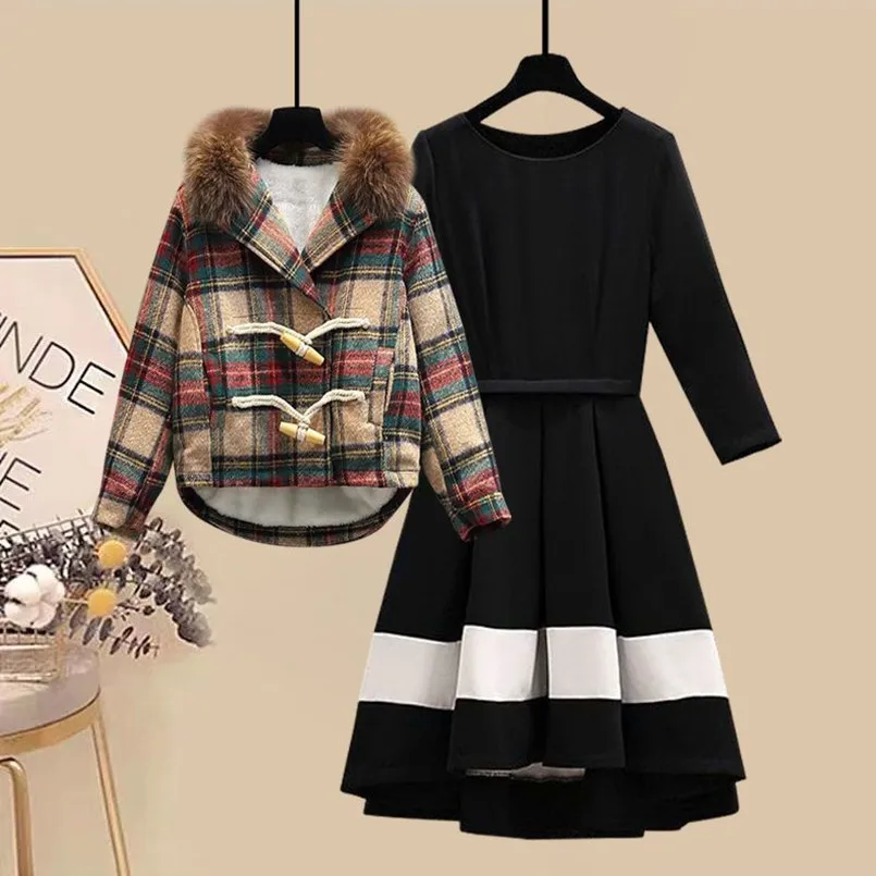 Large Size Women's Clothing 2024 Autumn/winter New Fashionable Slimming and Thickened Woolen Jacket Dress Two-piece Set Trendy