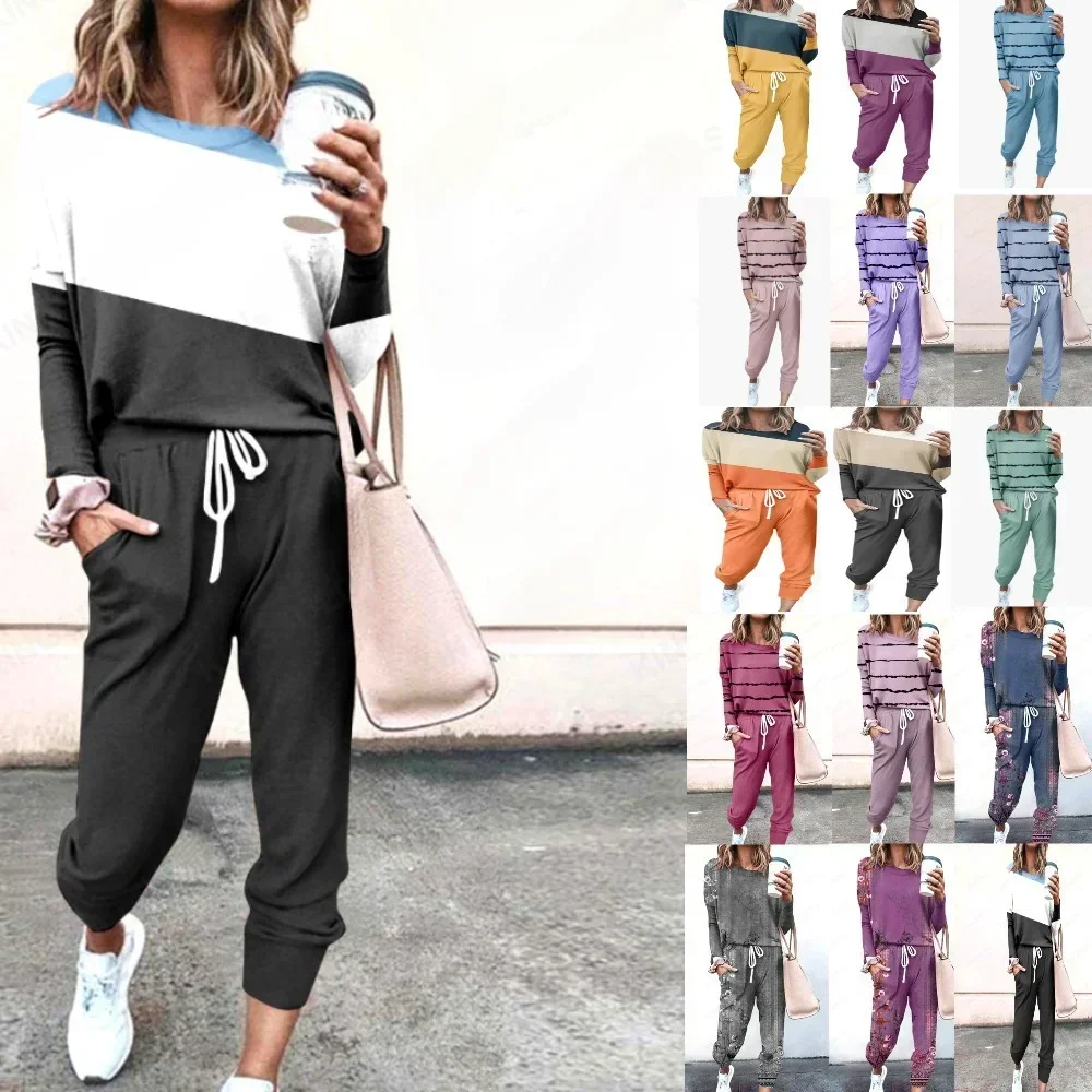 

Two Piece Set Women Print Top Blouse Pencil Pants Suit Round Collar Drawstring Trousers Casual Suits Tracksuit Ladies Outfits
