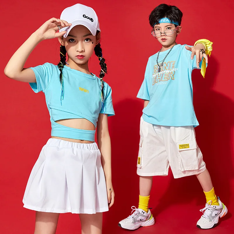 Sommer blaue Kinder tanzen tragen moderne Hip-Hop-Kostüme 4 Mädchen Jungen Jazz Gesellschaft stanz T-Shirt Shorts Rock Tanz kleidung